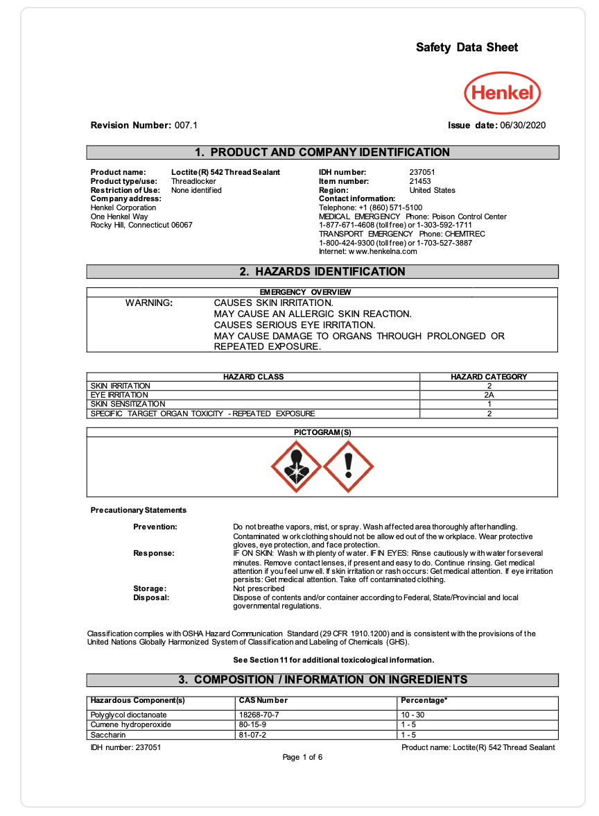 Loctite â€“ 542 Series Hydraulic & Pneumatic