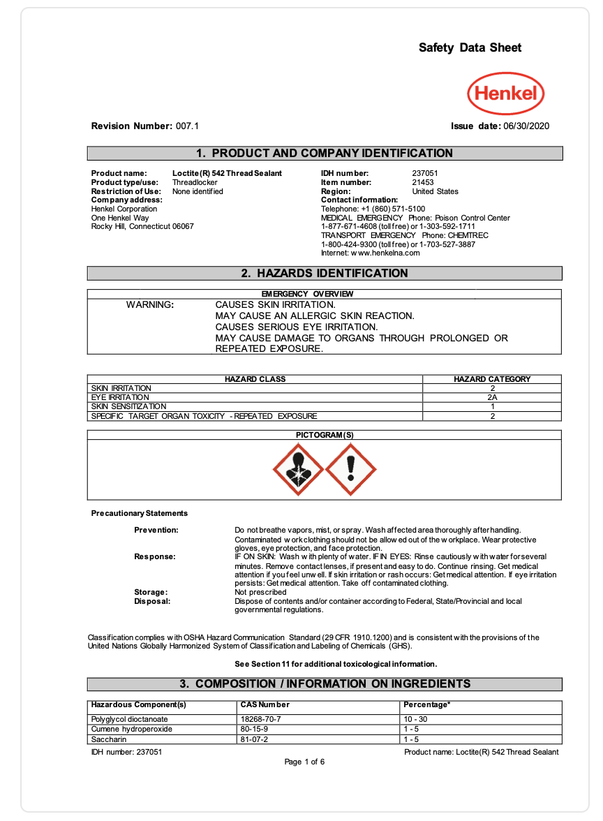 Loctite – 542 Series Hydraulic & Pneumatic