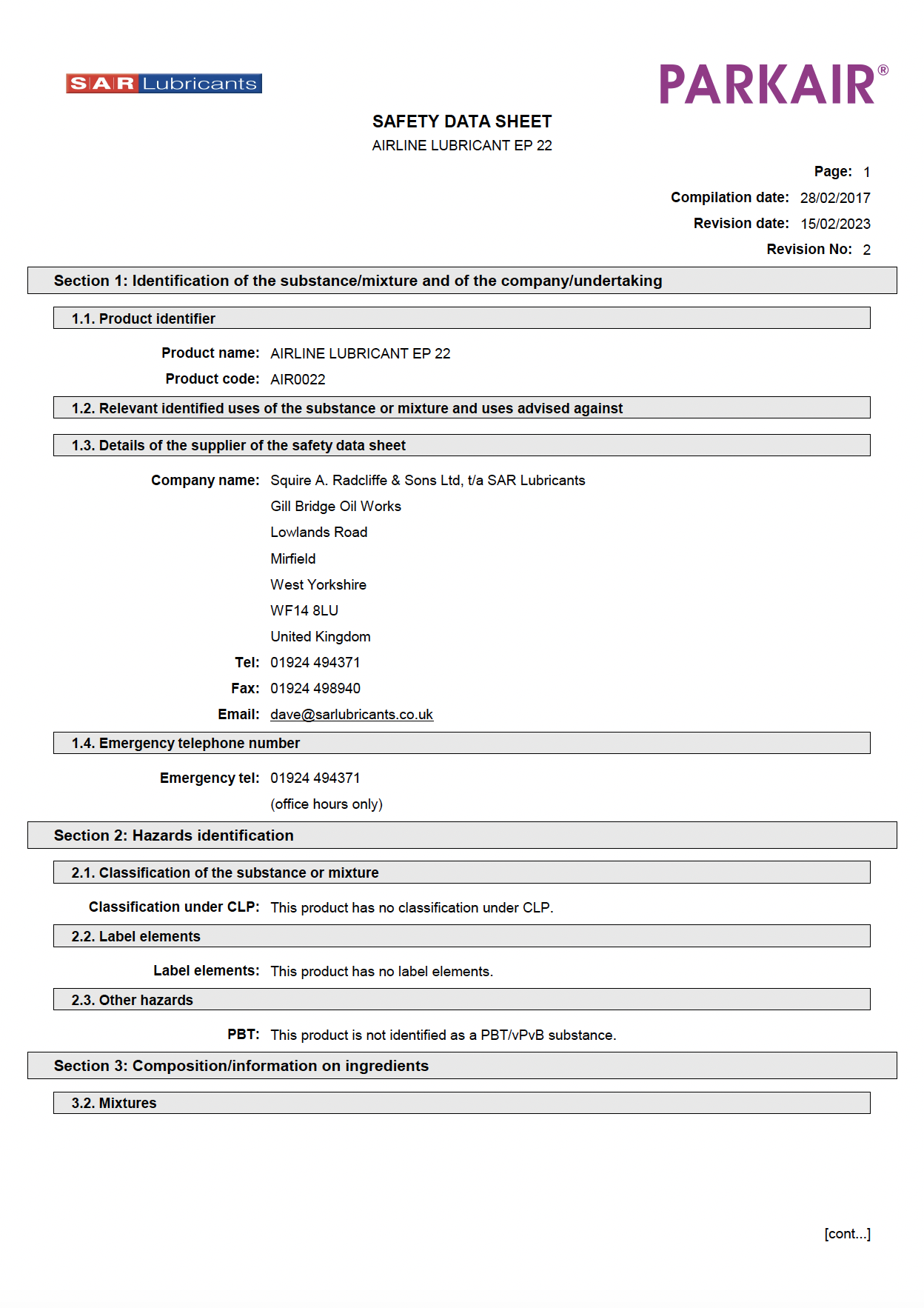 PARKAIR Airline Lubricant EP22 - SDS2