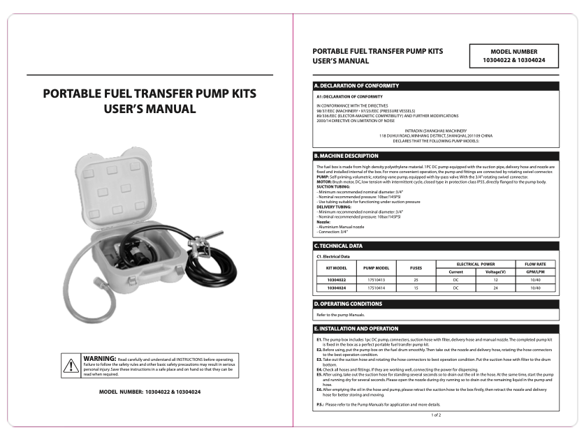 Portable Fuel Transfer Pump Kit Instruction Manual