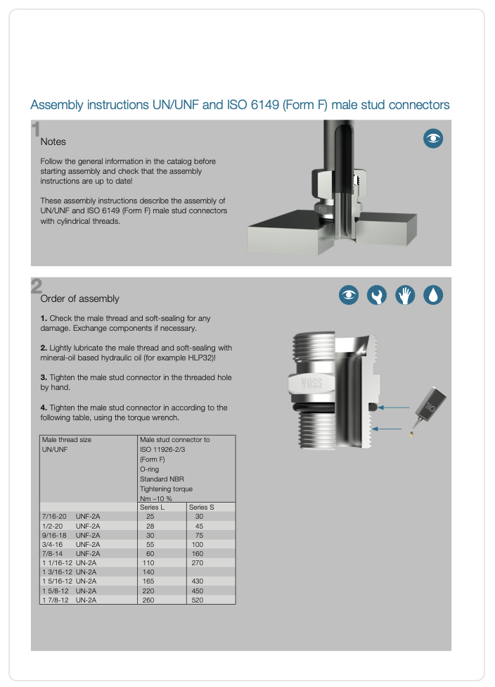 Assembly Instructions for Male Stud UN UNF & ISO 6149 Form F