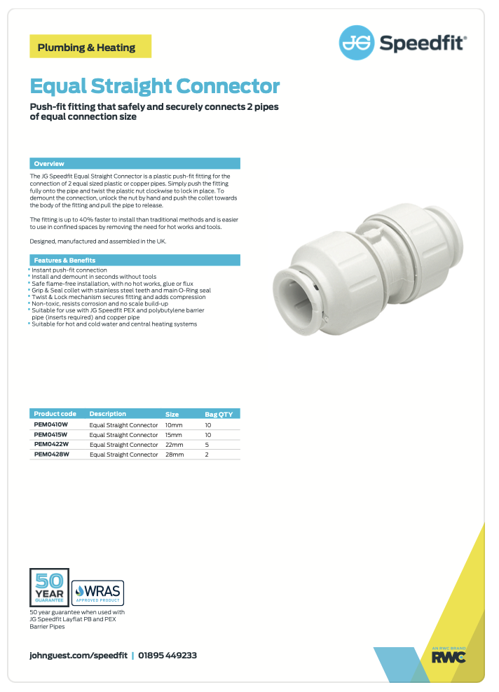 Speedfit Equal Straight Connector