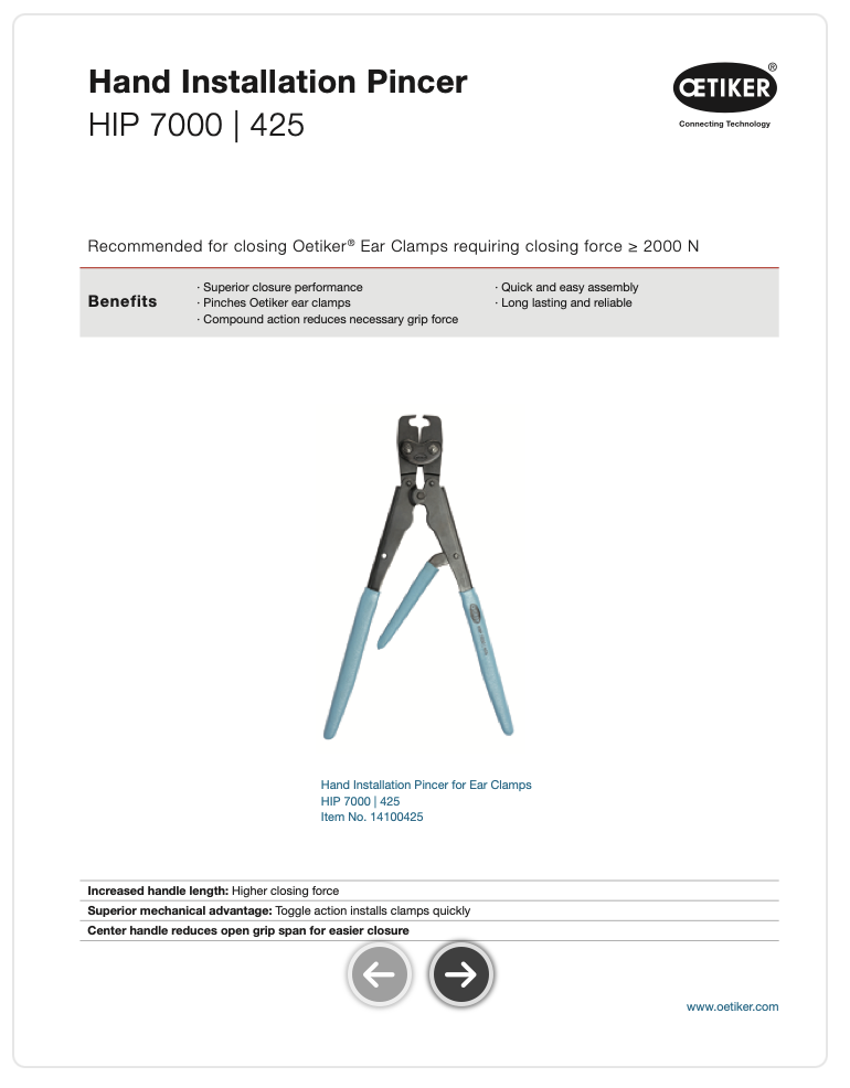 Hand Installation Pincer Data Sheet