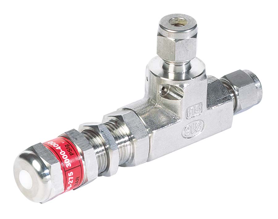 Relief Valves - Pressure: 1500 - 2250 psi Inlet: 1/4" OD - Outlet: 1/4" OD - Part number FK-RVSSFL46P
